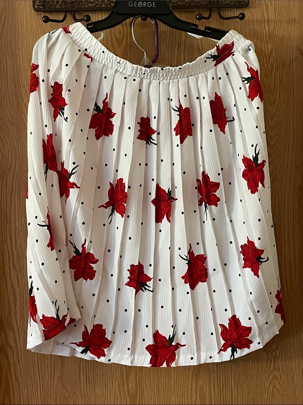 George White Skirt with Red Floral and Black Dot Print